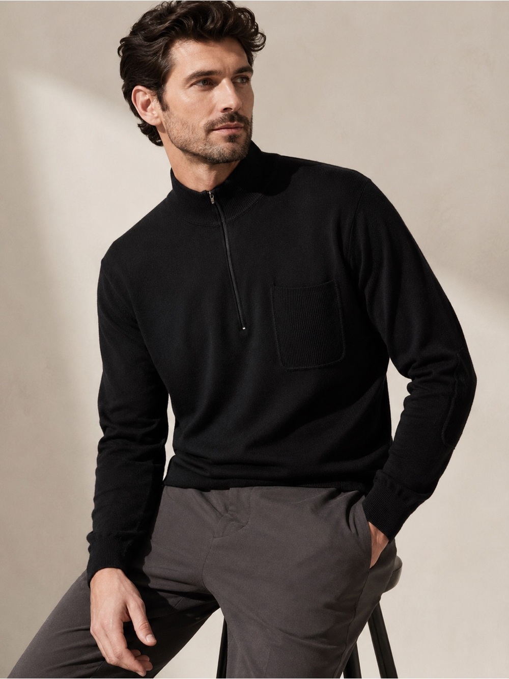 Como Sport Merino Wool Silk Quarter Zip Mock Neck Sweater Black Italy M
